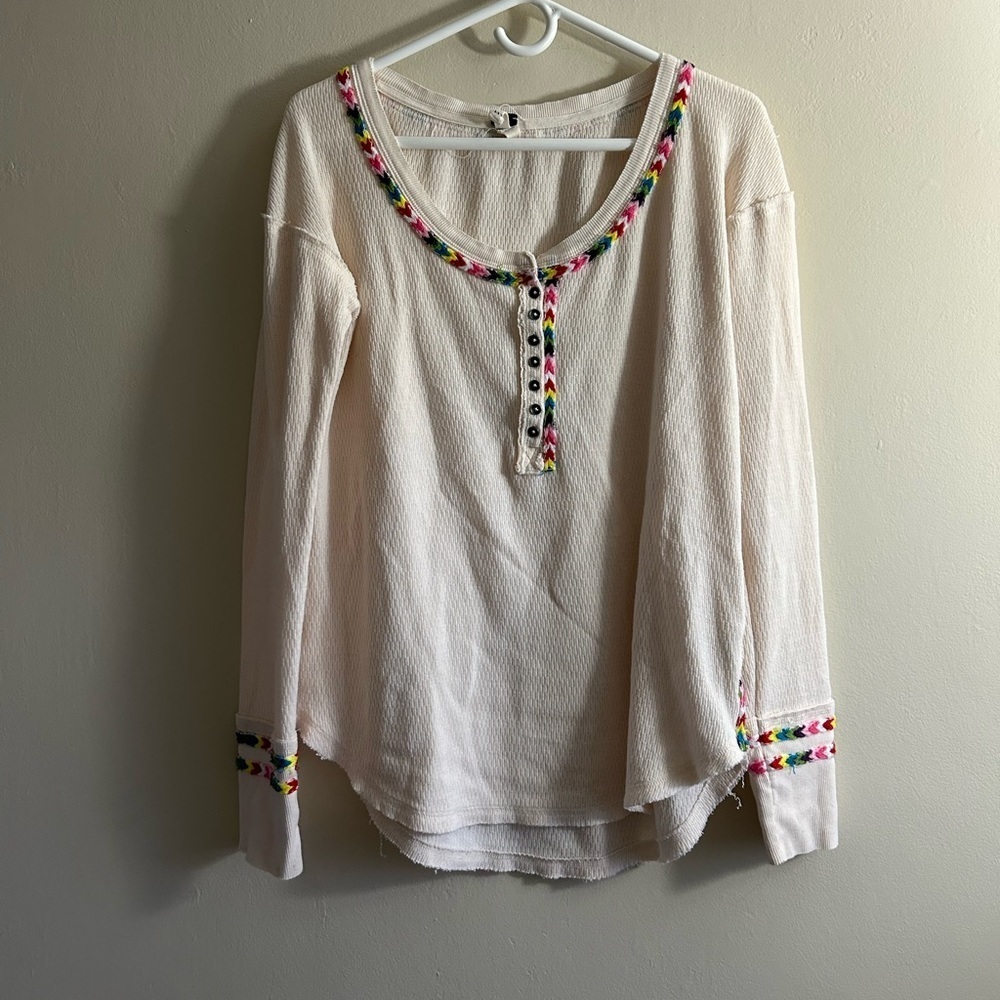 Free People We The Free Rainbow Embroidered Thermal Size Medium Cream
